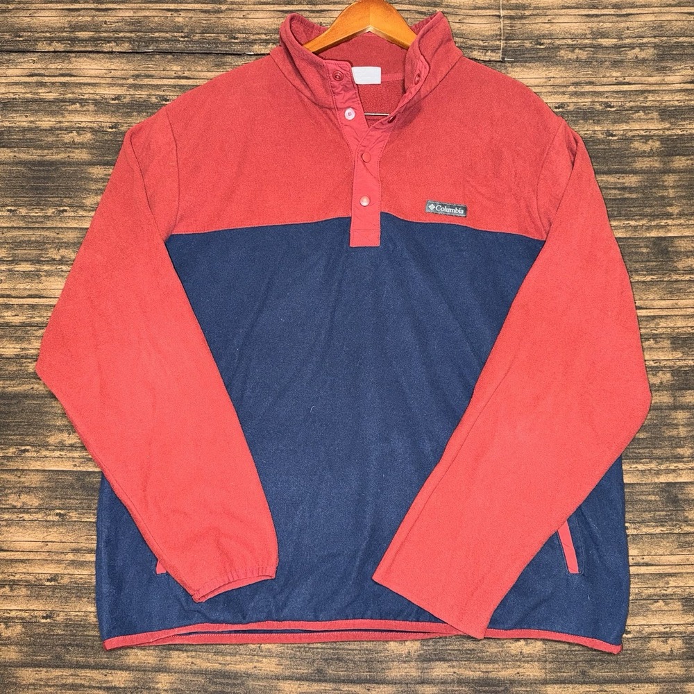 Columbia Fleece Pullover Mens XL Red Navy Blue Snap Neck Colorblock